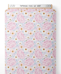 Tissu - Hortensias roses sur violet