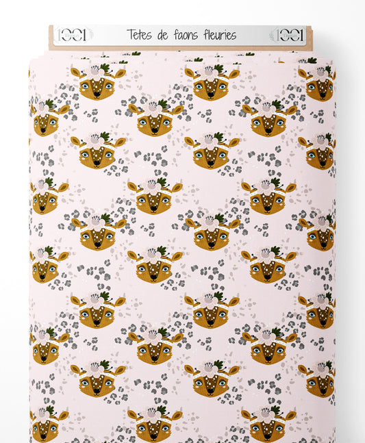Tissu - Têtes de faons fleuries