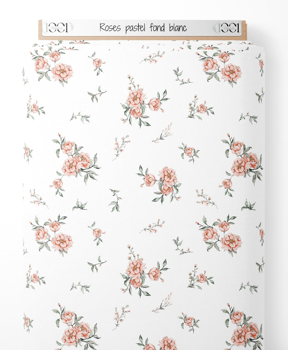 Tissu - Roses pastel sur fond blanc