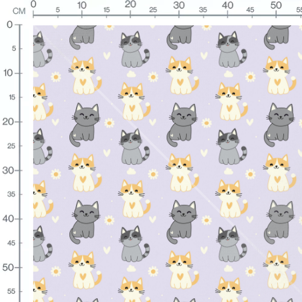 Tissu - Chats et fleurs sur fond violet