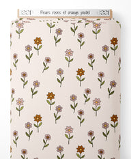 Tissu - Fleurs roses et orange pastel