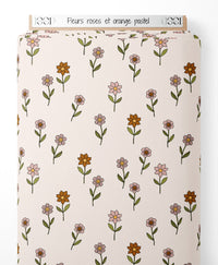 Tissu - Fleurs roses et orange pastel