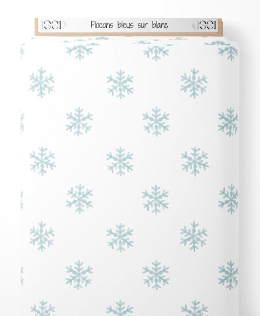 Tissu - Flocons bleus sur blanc