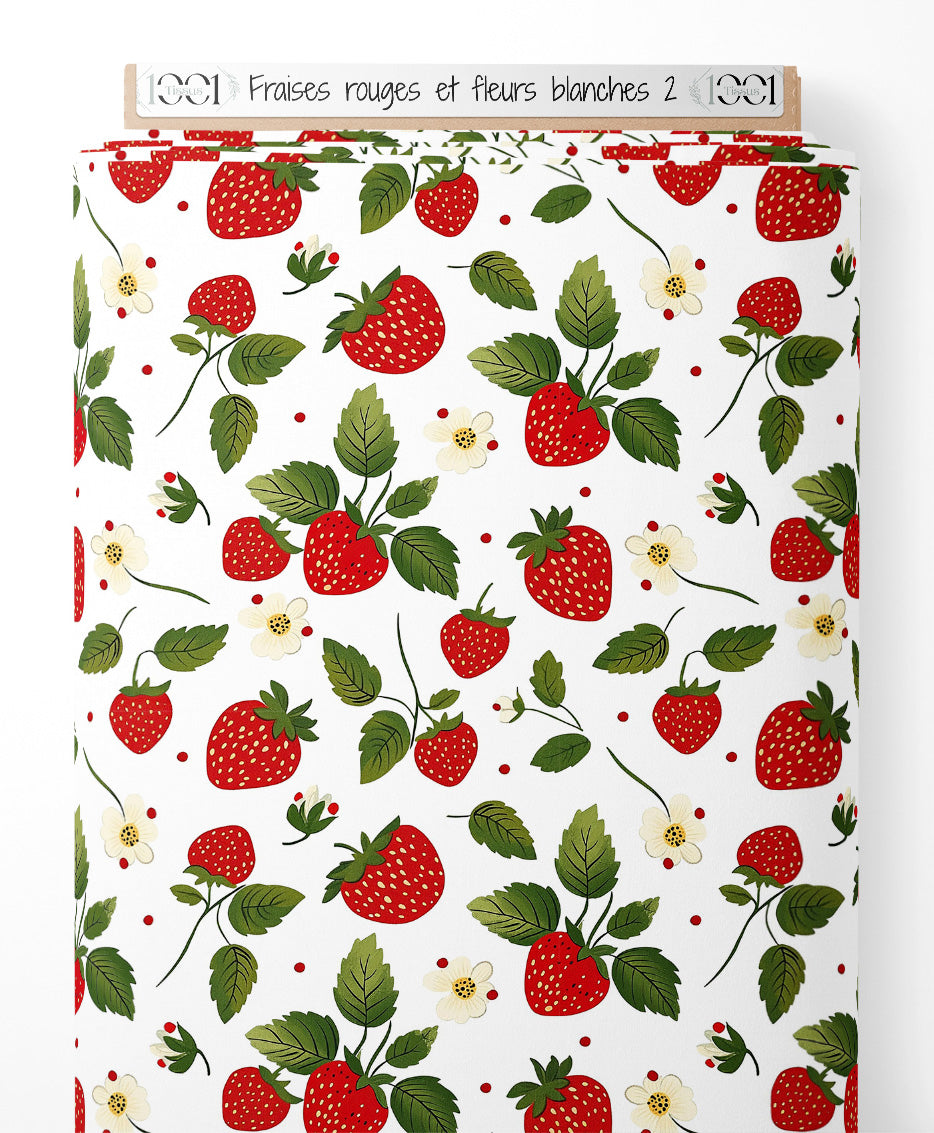 Tissu - Fraises rouges et fleurs blanches 2