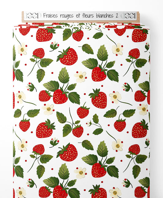 Tissu - Fraises rouges et fleurs blanches 2