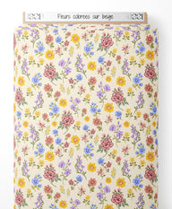 Tissu - Fleurs colorées sur beige