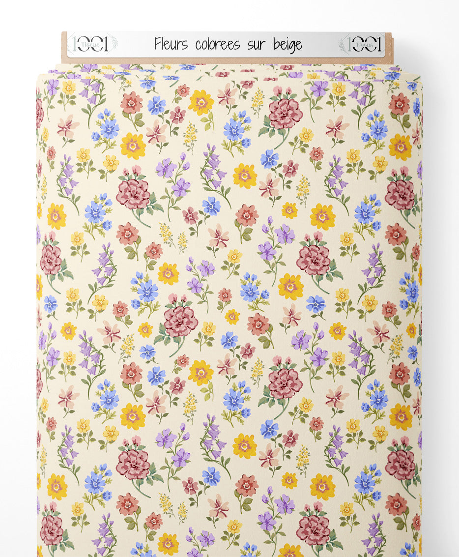 Tissu - Fleurs colorées sur beige