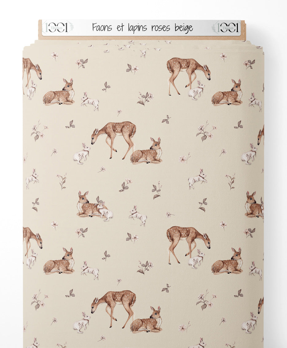 Tissu - Faons et lapins roses beige