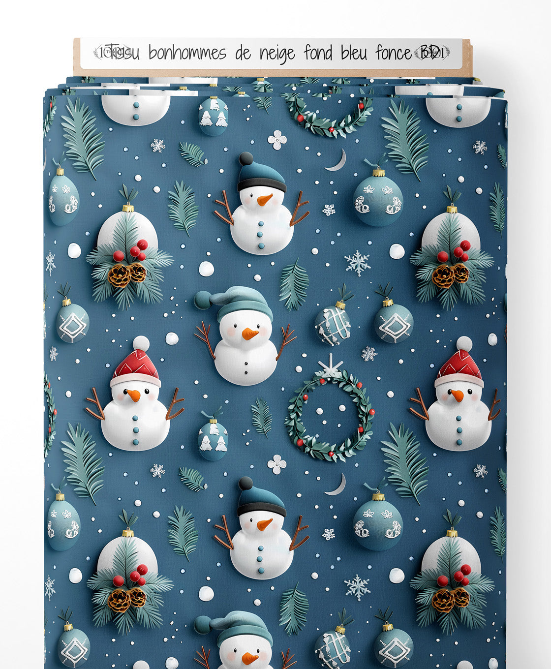 Tissu - bonhommes de neige fond bleu fonce 3D