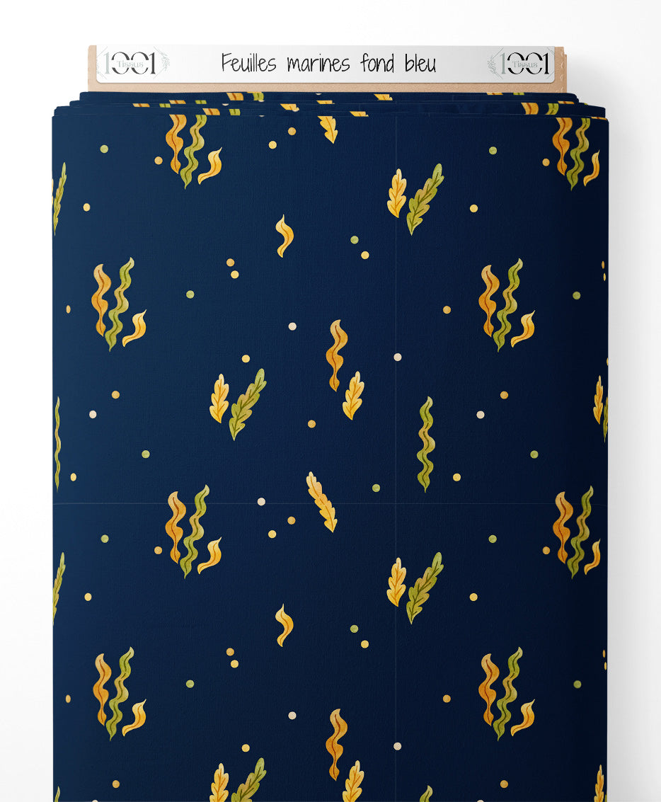 Tissu - Feuilles marines sur fond bleu