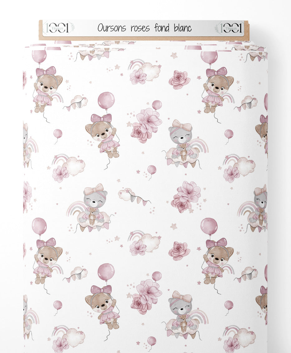 Tissu - Oursons roses sur fond blanc