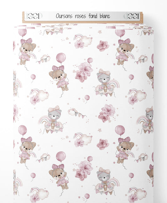 Tissu - Oursons roses sur fond blanc