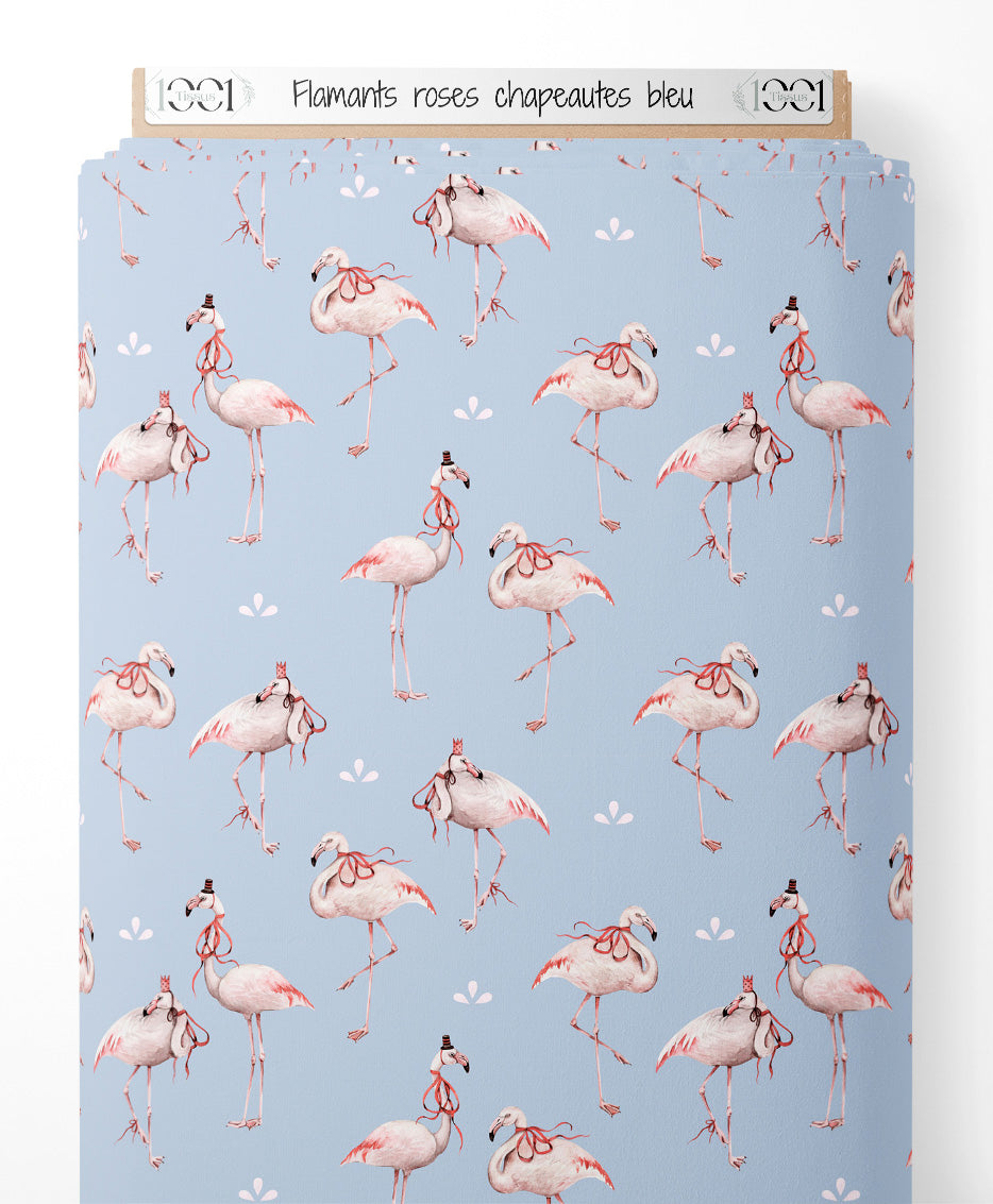 Tissu - Flamants roses chapeautés bleu
