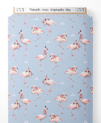Tissu - Flamants roses chapeautés bleu