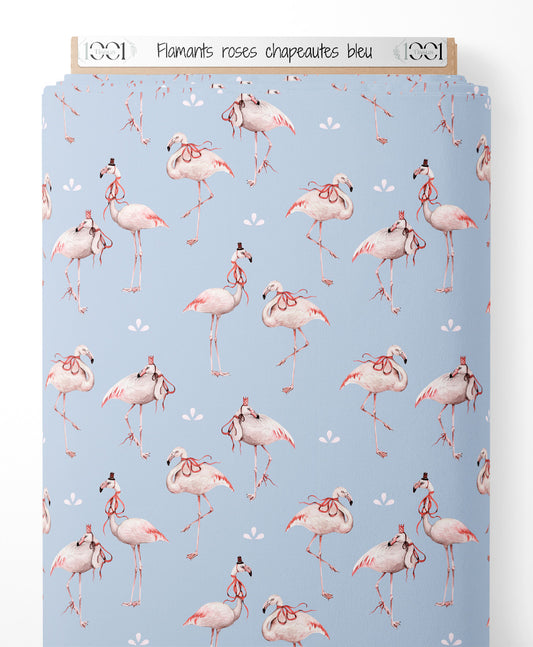 Tissu - Flamants roses chapeautés bleu