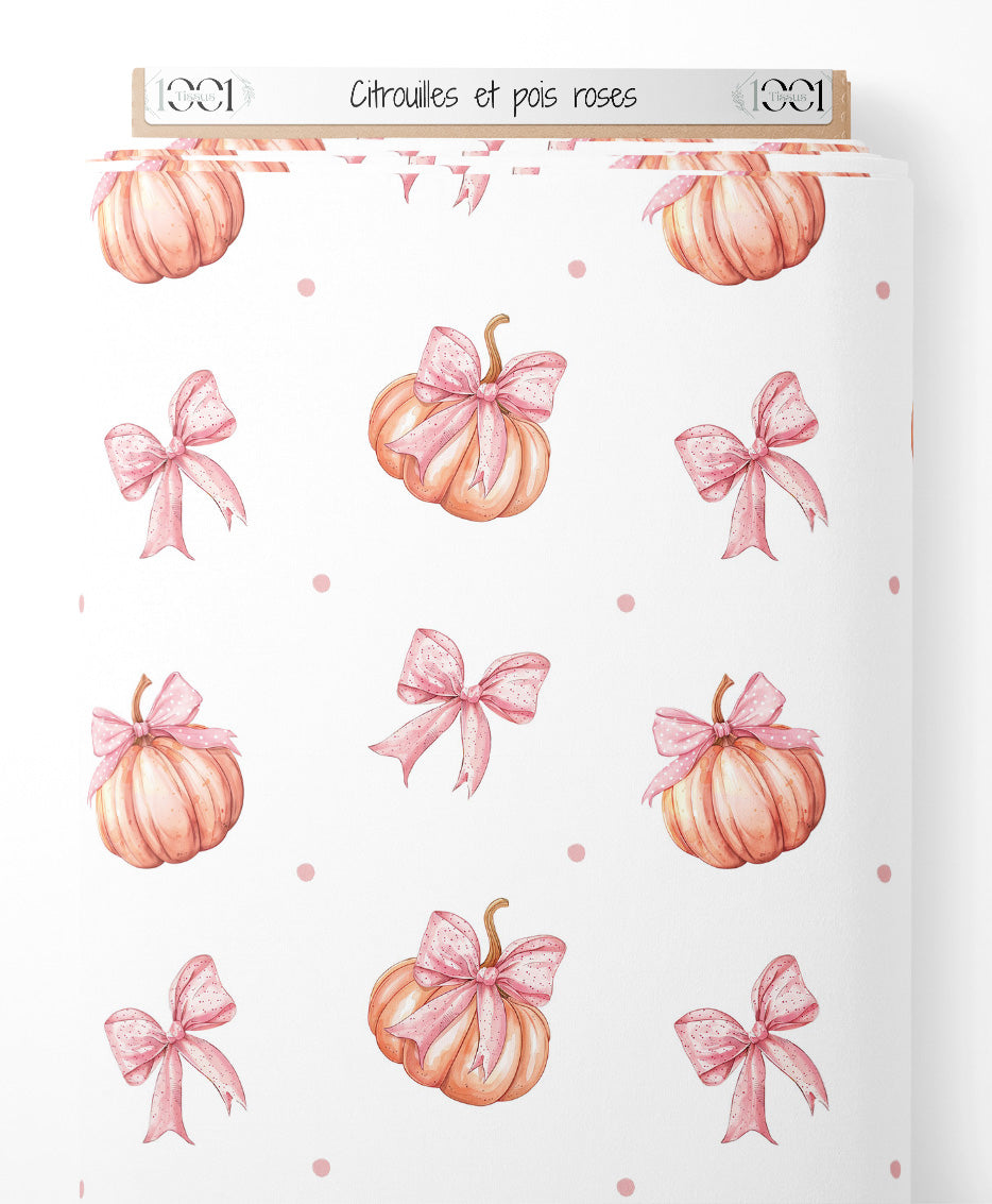 Tissu - Citrouilles et pois roses