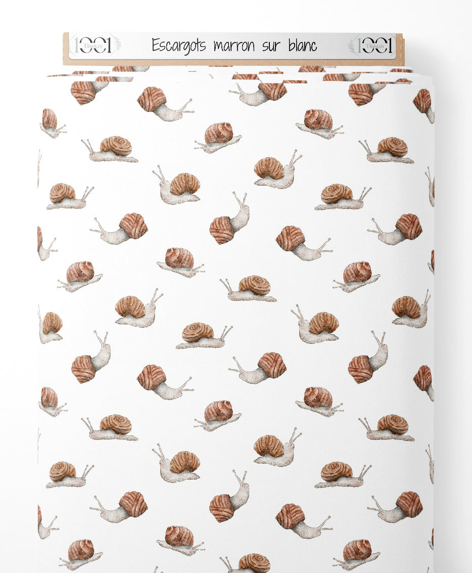 Tissu - Escargots marron sur blanc