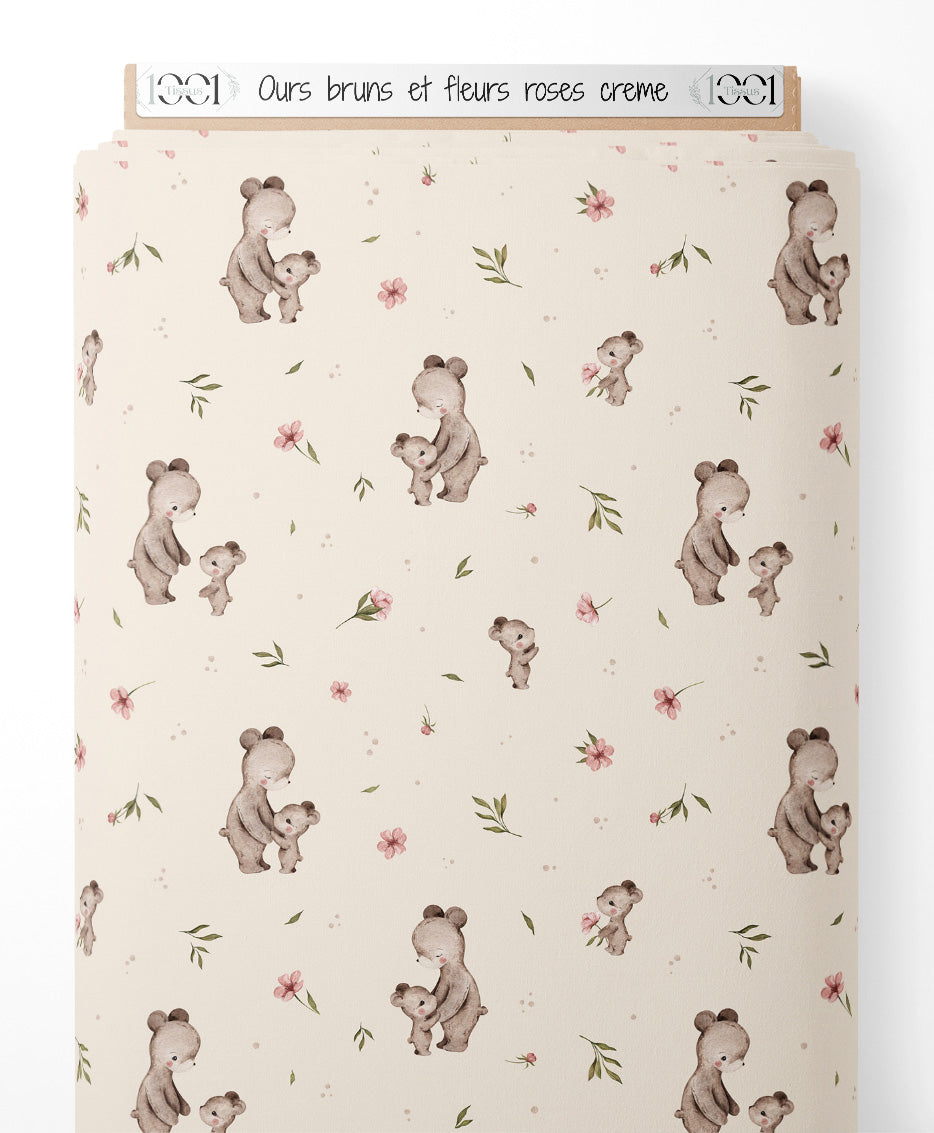 Tissu - Ours bruns et fleurs roses crème