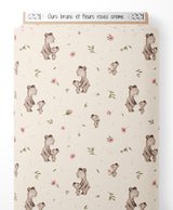 Tissu - Ours bruns et fleurs roses crème