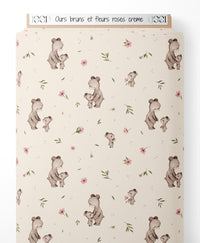 Tissu - Ours bruns et fleurs roses crème
