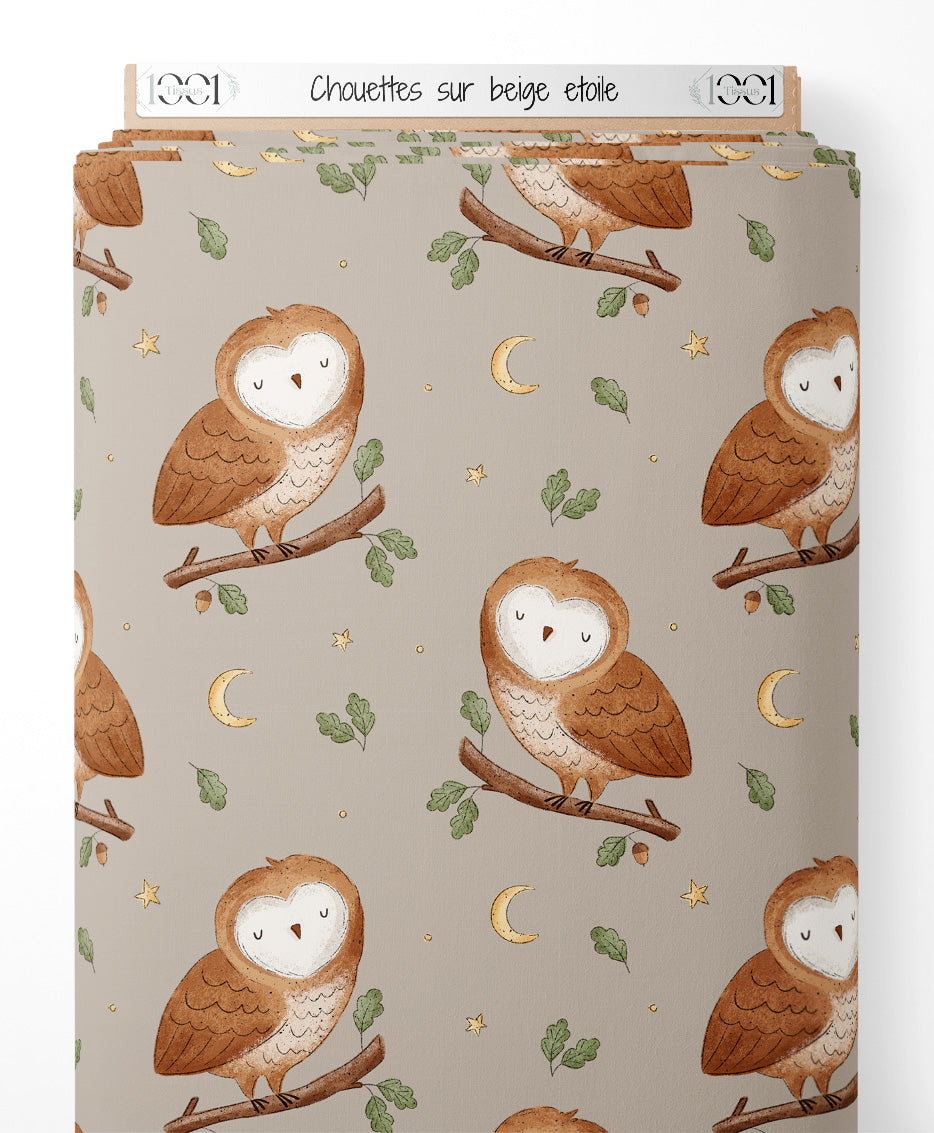 Tissu - Chouettes sur beige étoilé