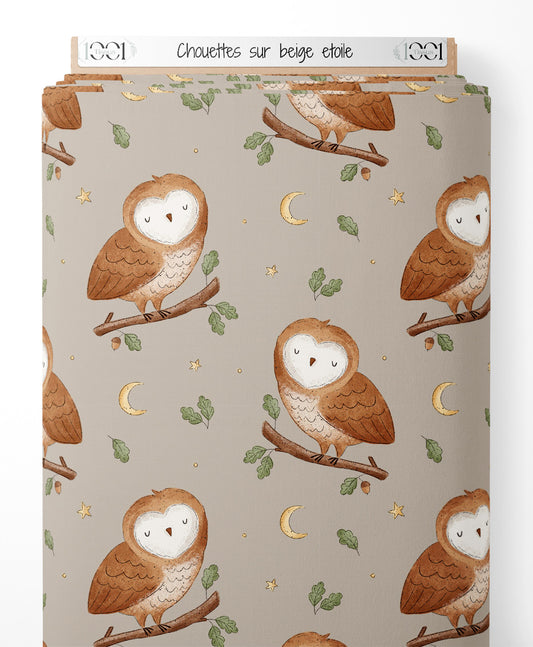 Tissu - Chouettes sur beige étoilé