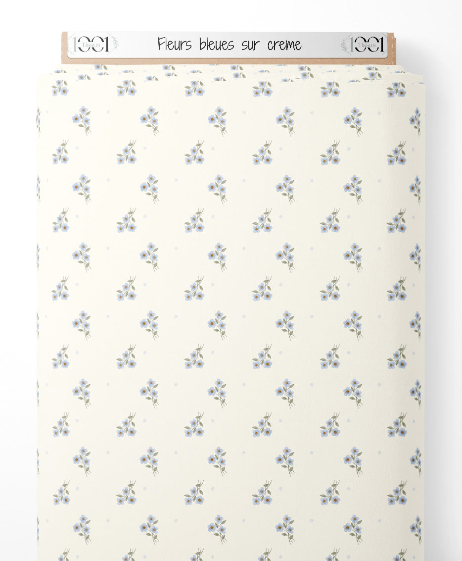 Tissu - Fleurs bleues sur crème