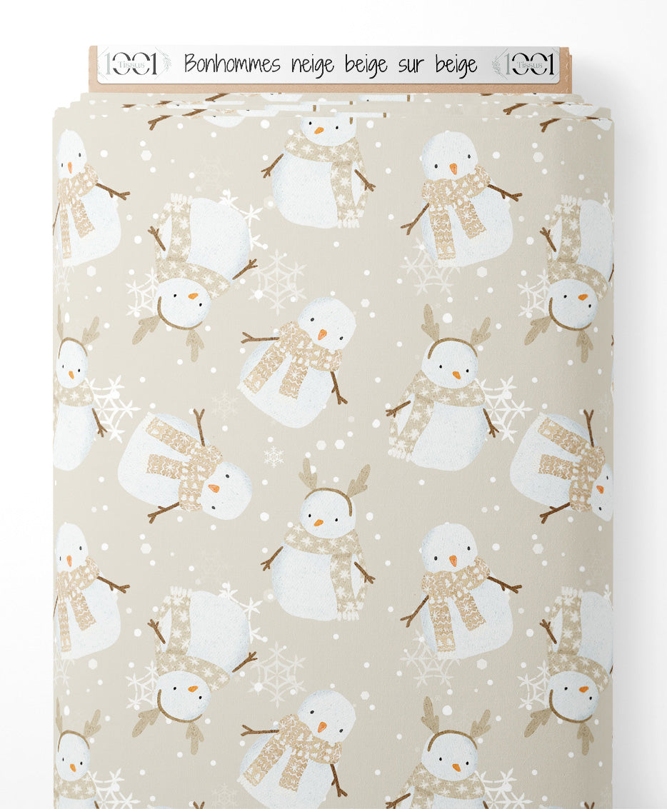 Tissu - Bonhommes neige beige sur beige