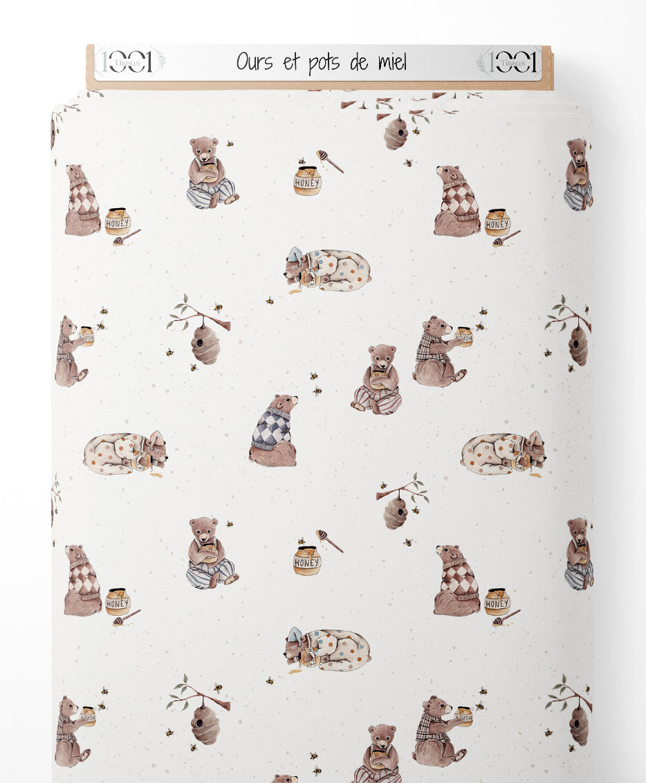 Tissu - Ours et pots de miel