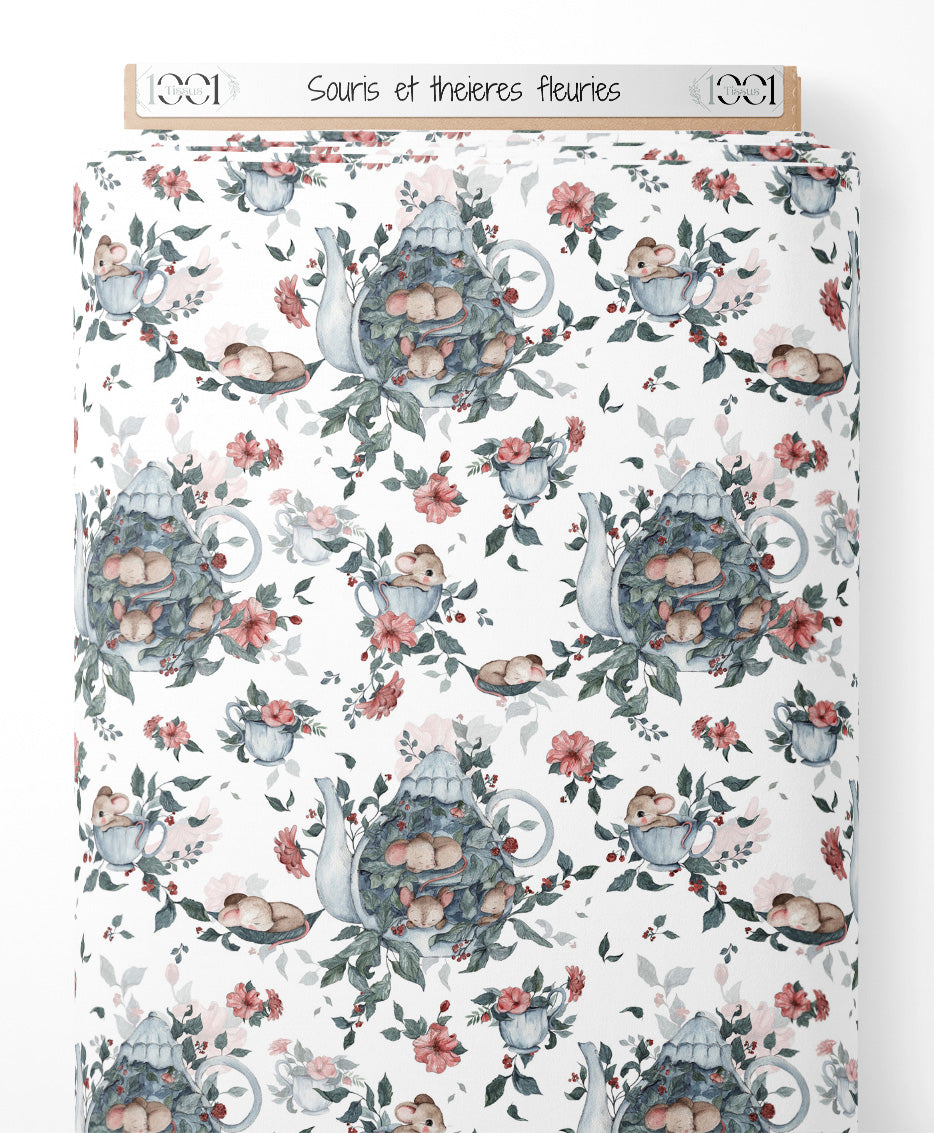 Tissu - Souris et théières fleuries