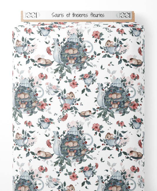 Tissu - Souris et théières fleuries