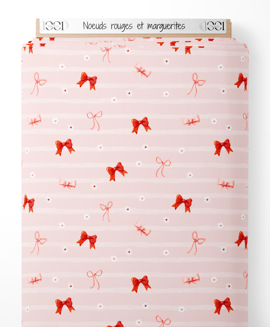 Tissu - Nœuds rouges et marguerites