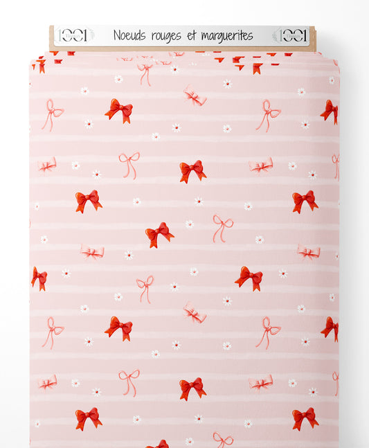 Tissu - Nœuds rouges et marguerites