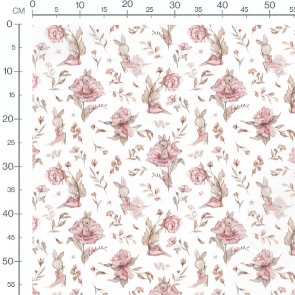 Tissu - Lapins sur fleurs roses