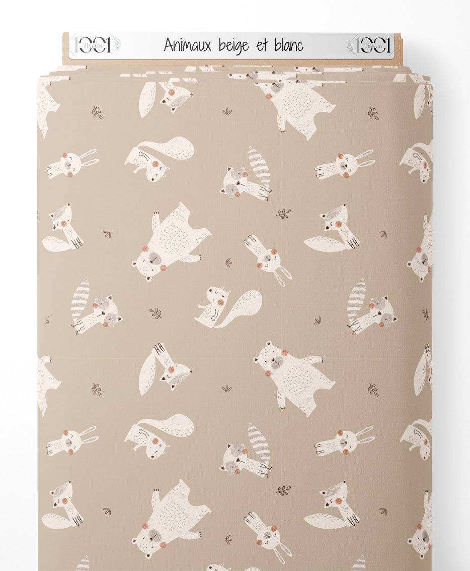 Tissu - Animaux beige et blanc