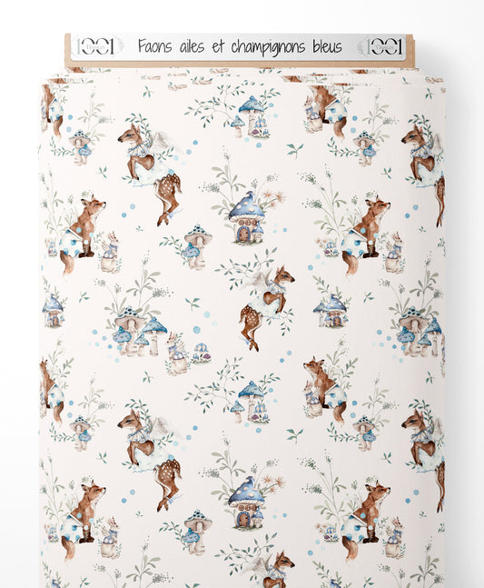 Tissu - Faons ailés et champignons bleus