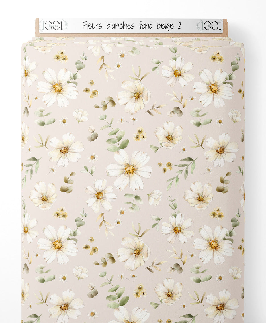 Tissu - Fleurs blanches sur fond beige 2