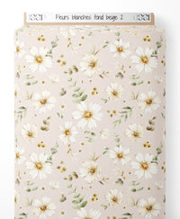 Tissu - Fleurs blanches sur fond beige 2