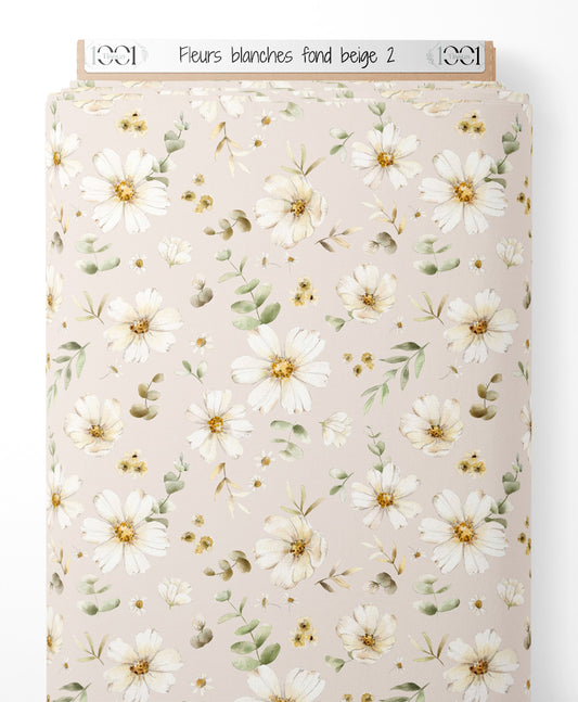 Tissu - Fleurs blanches sur fond beige 2