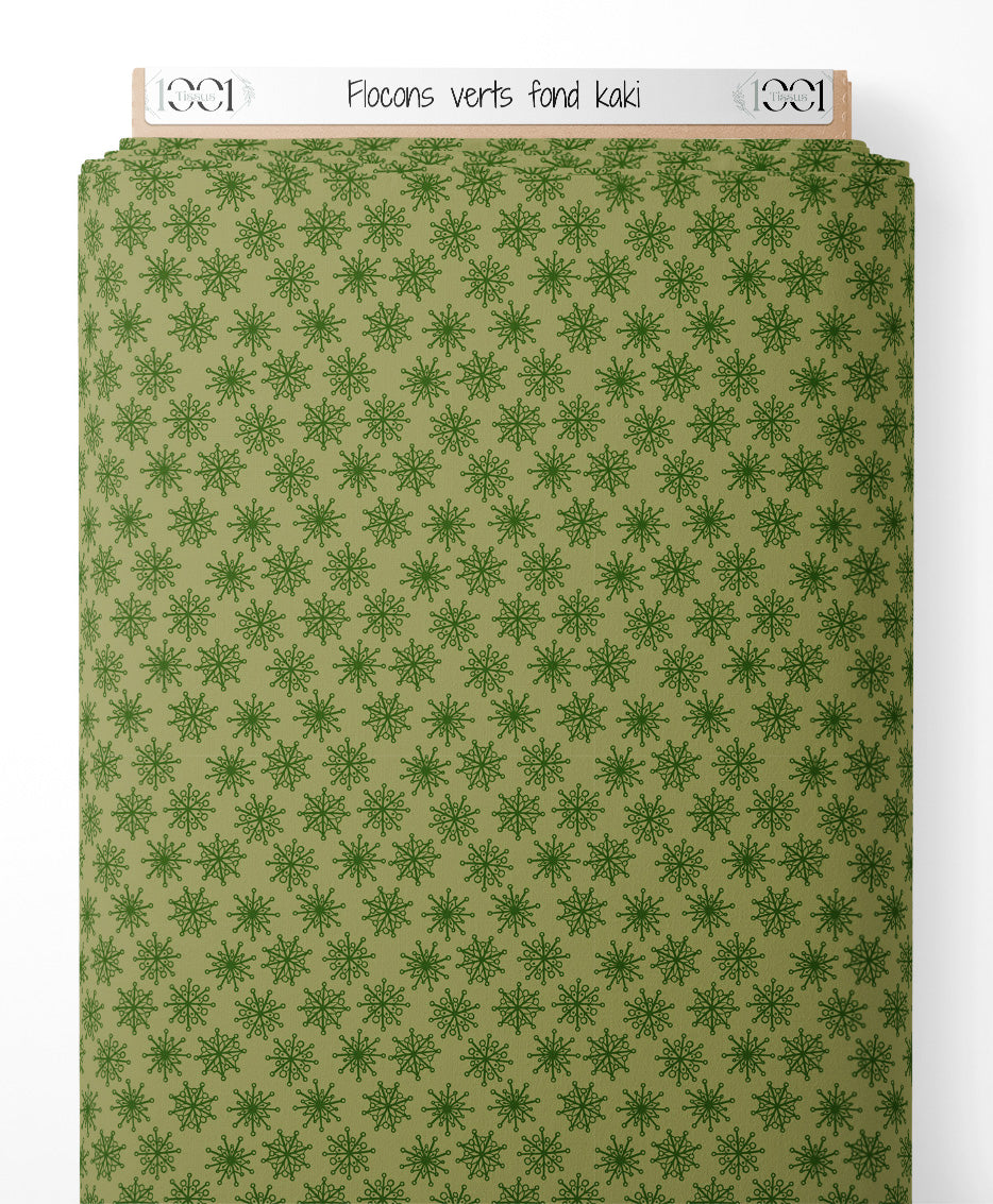 Tissu - Flocons verts sur fond kaki