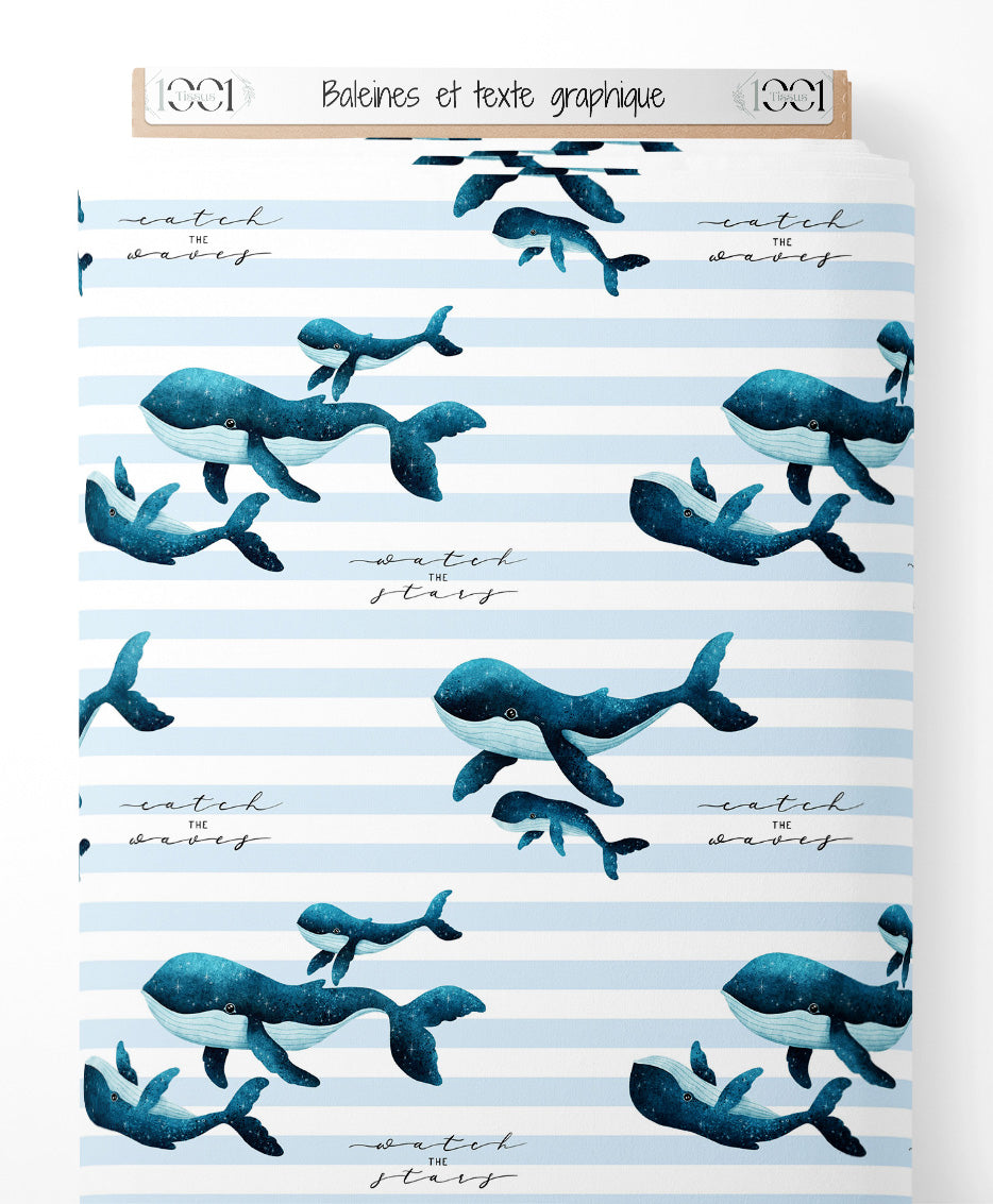 Tissu - Baleines et texte graphique