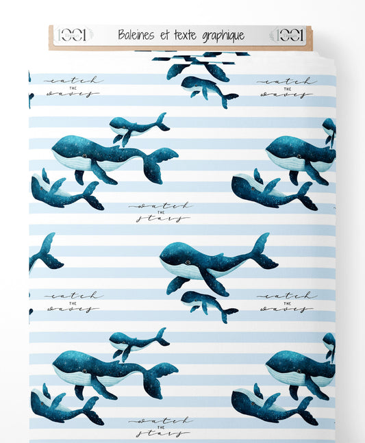 Tissu - Baleines et texte graphique