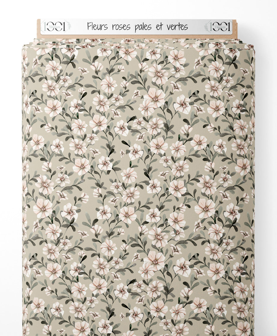 Tissu - Fleurs roses pâles et vertes