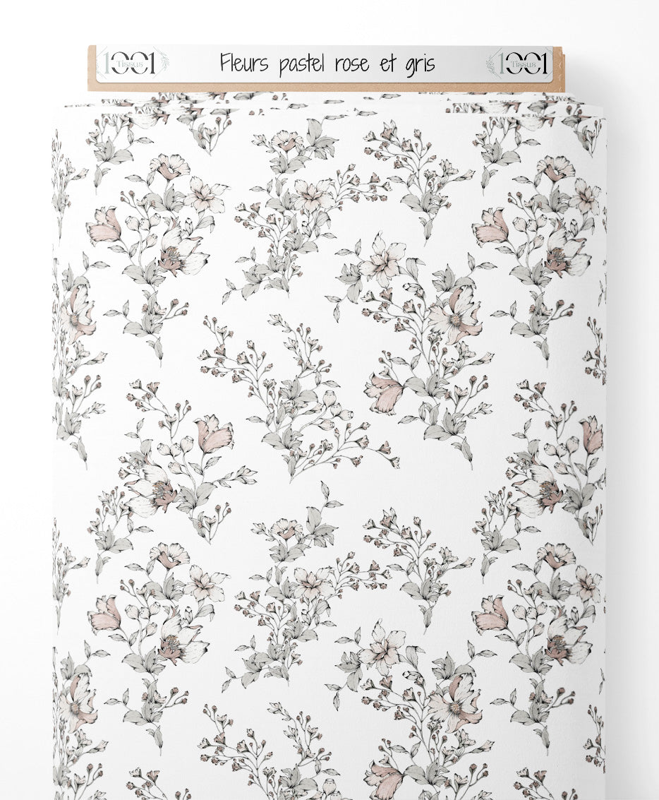 Tissu - Fleurs pastel rose et gris