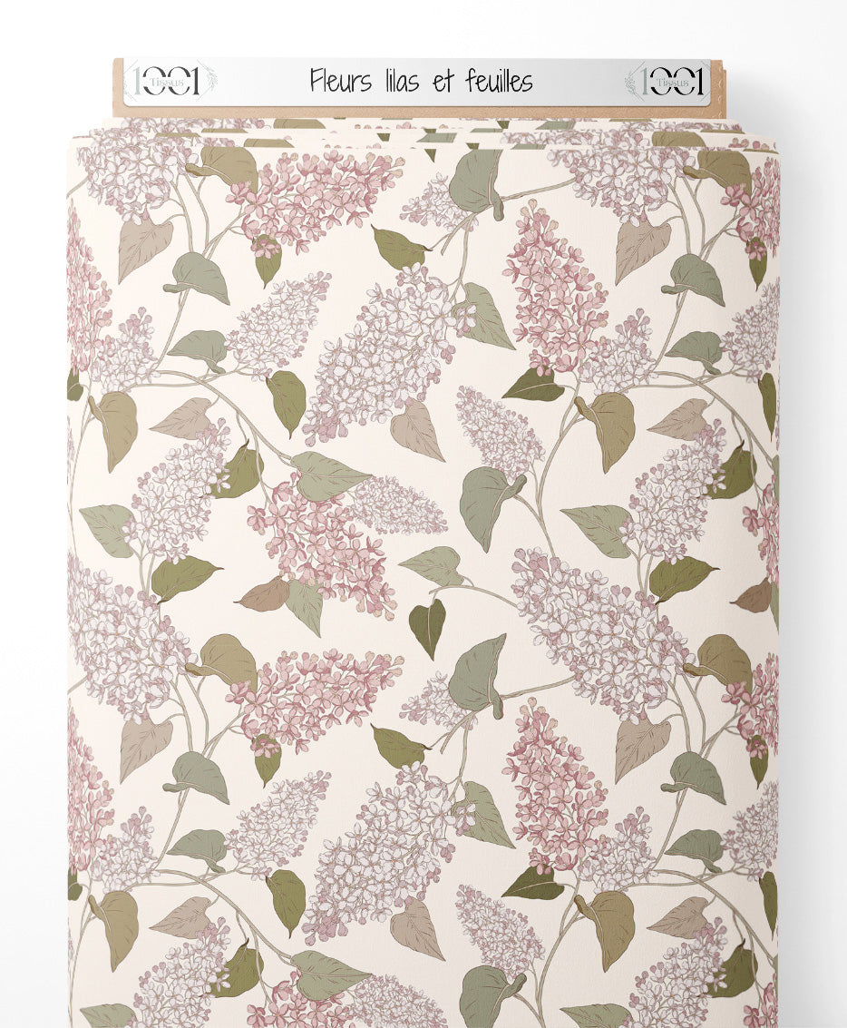 Tissu - Fleurs lilas et feuilles
