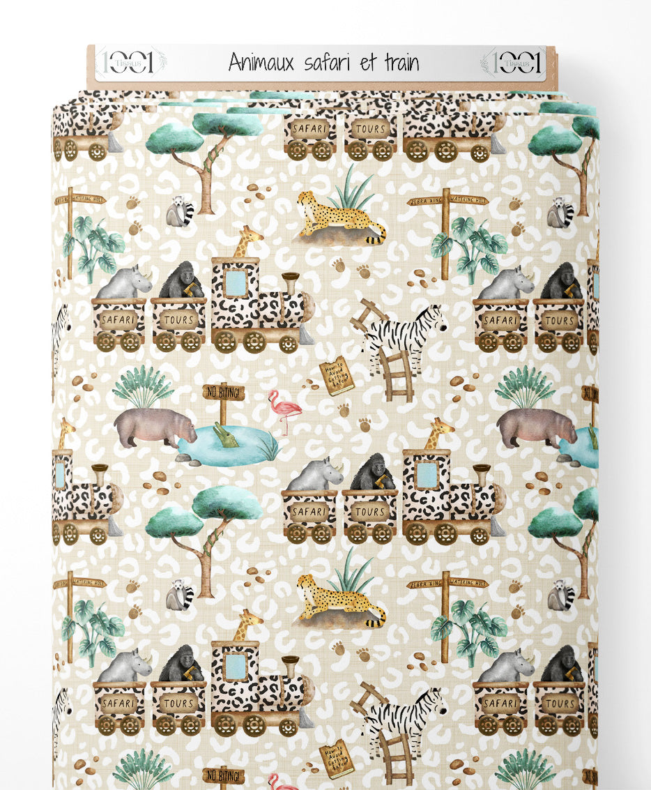 Tissu - Animaux safari et train