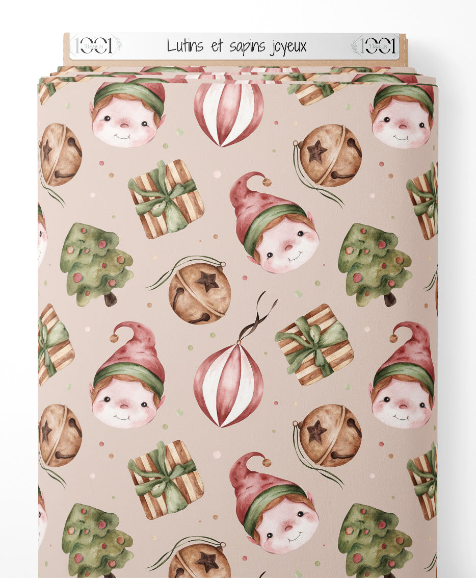 Tissu - Lutins et sapins joyeux