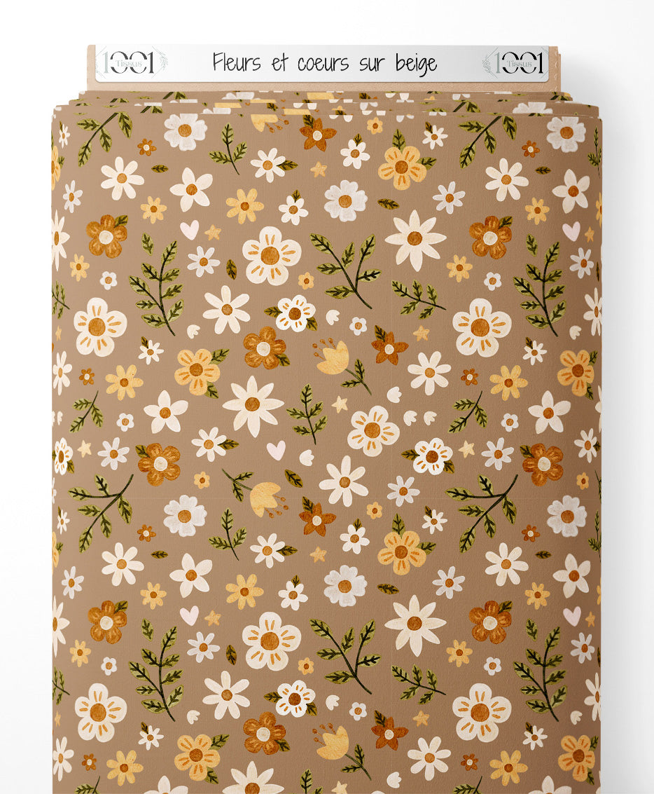 Tissu - Fleurs et cœurs sur beige
