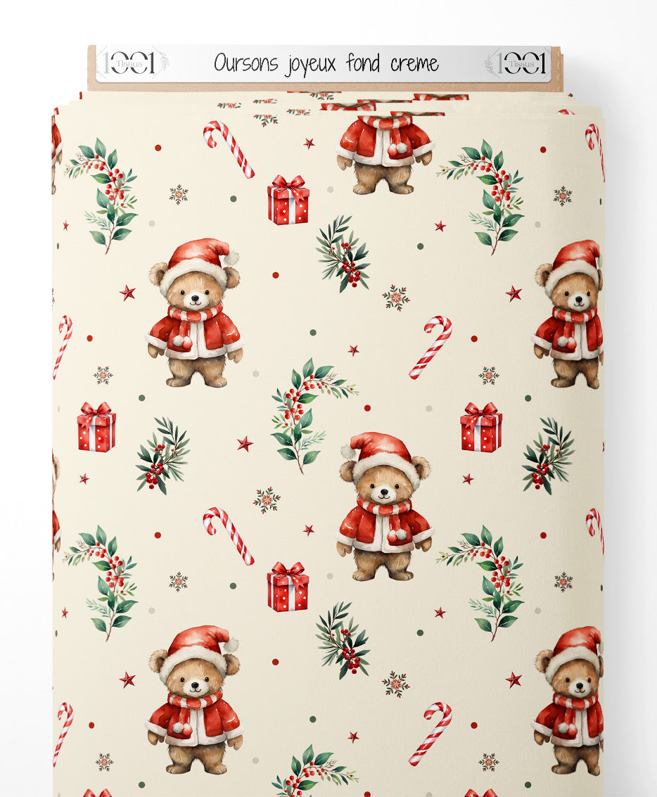 Tissu - Oursons joyeux sur fond crème