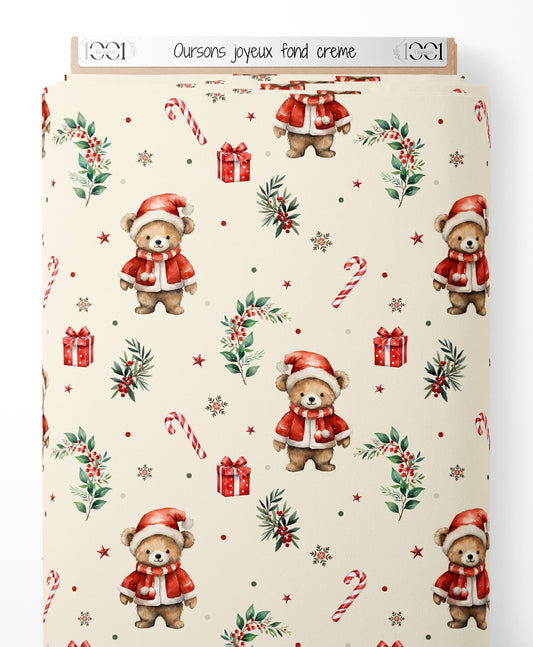 Tissu - Oursons joyeux sur fond crème